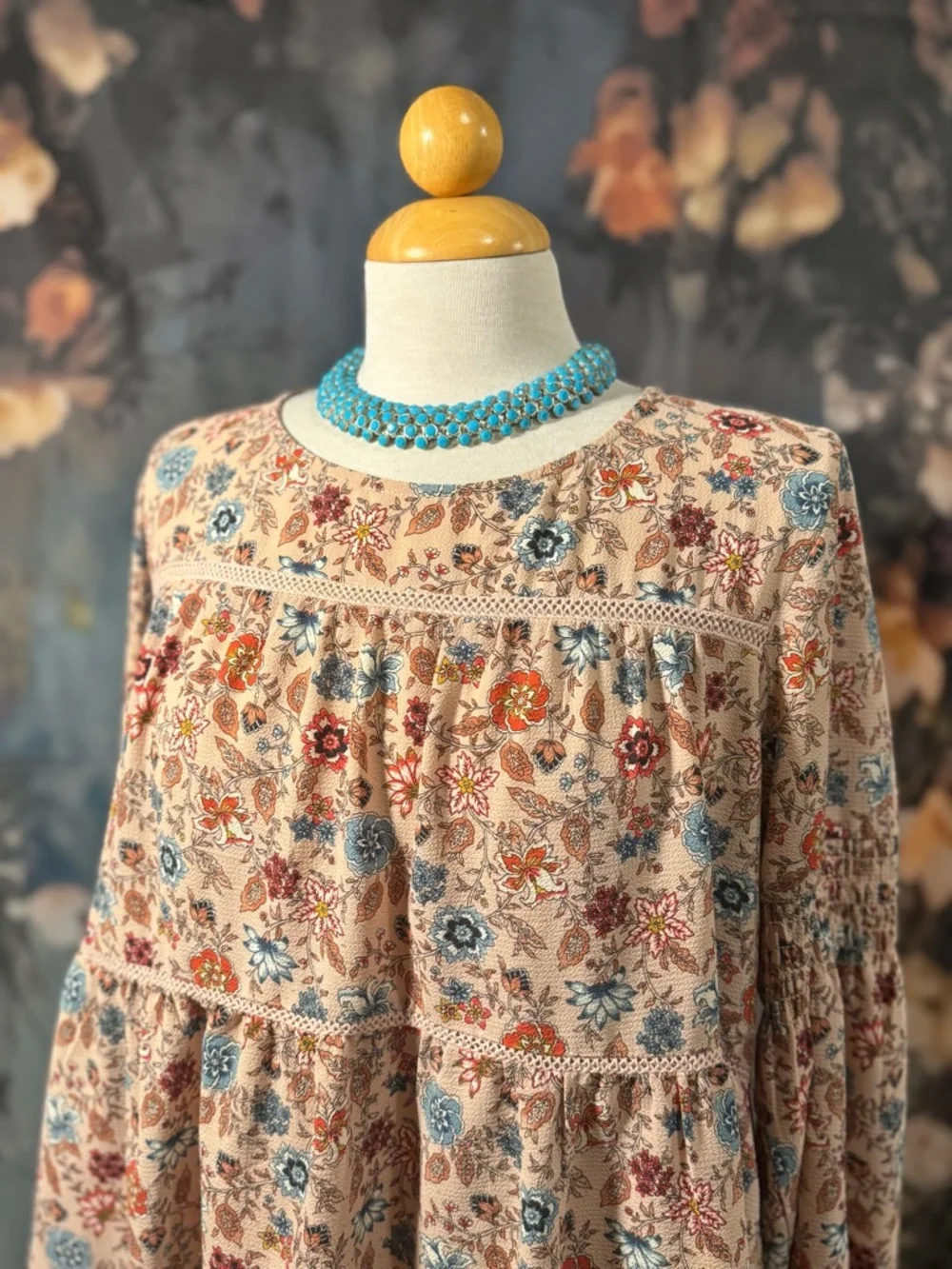 Knox Rose Beige Floral Tiered Tunic with Blue and Red Accents - Picture 3 of 8